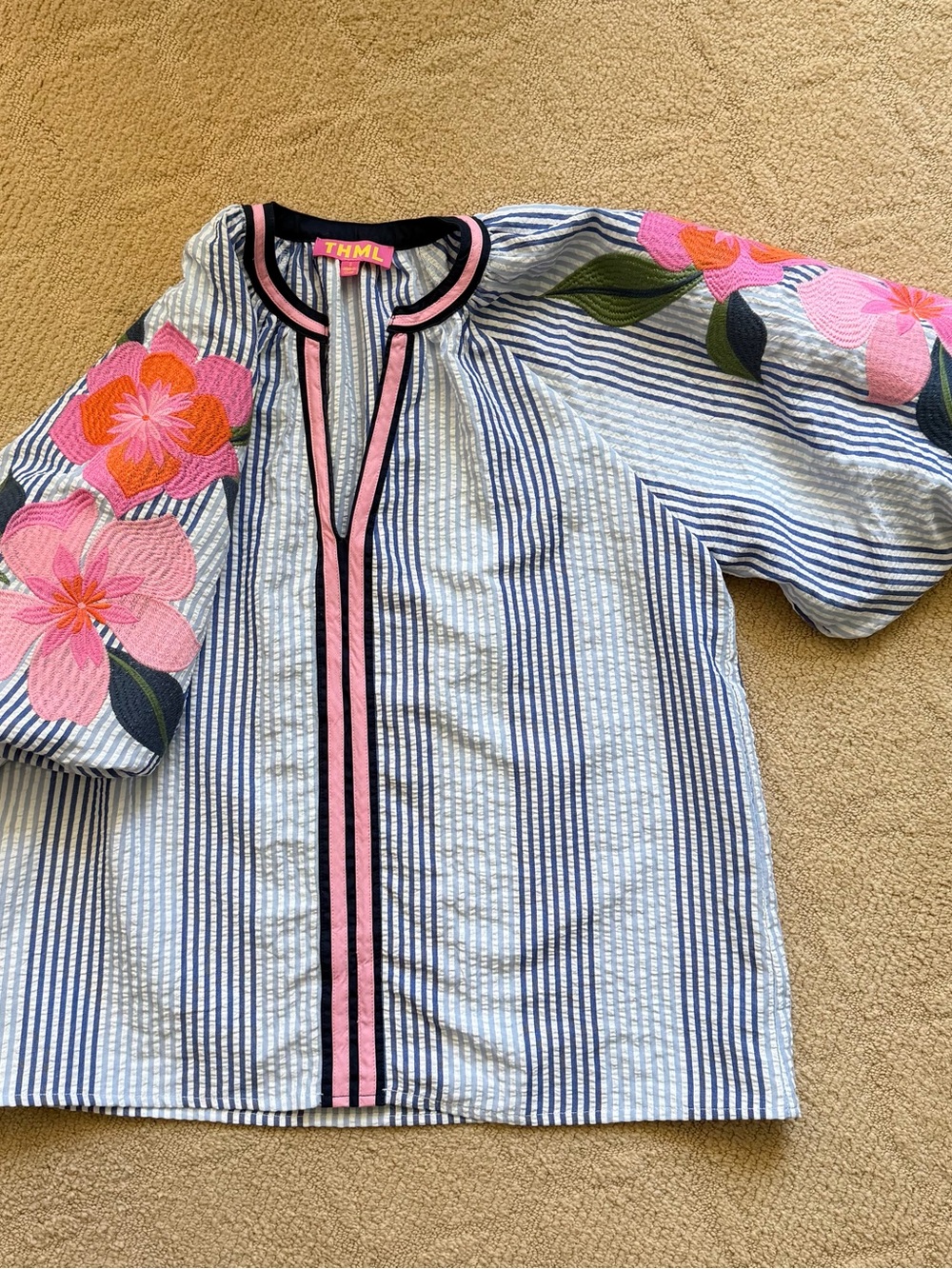 THML Women’s Blue & White Striped Top with Pink Floral Embroidery